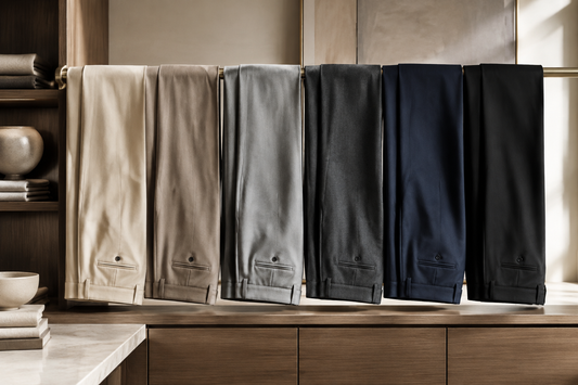 Assortment of well-tailored pants in a sophisticated wardrobe studio