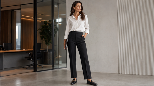 Woman styling tailored black trousers with a white blouse and loafers