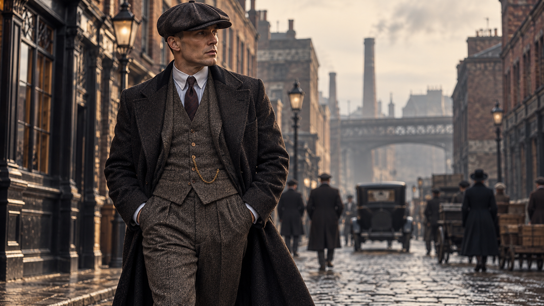 Adult man in a 1920s inspired tweed three-piece outfit on a historic city street
