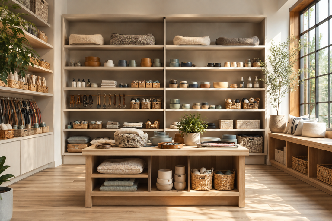 Bright organized pet shop with curated supplies