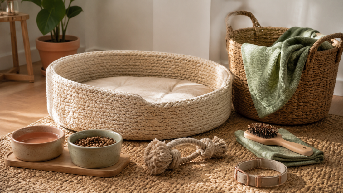 Curated pet supplies in a warm modern home
