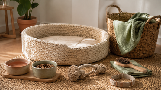 Curated pet supplies in a warm modern home