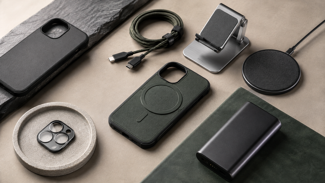 Premium phone accessories in a polished studio flat lay