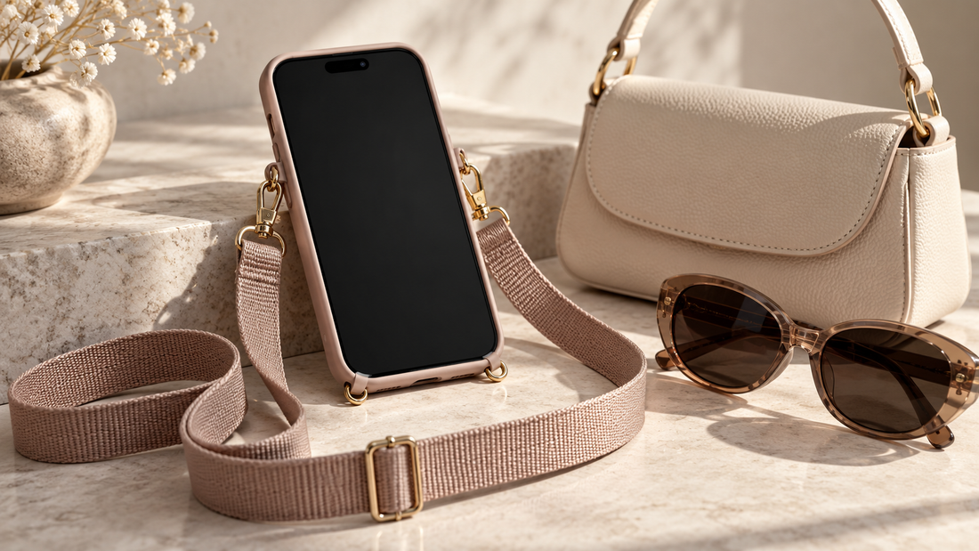 Unbranded smartphone in a protective case with an adjustable crossbody strap