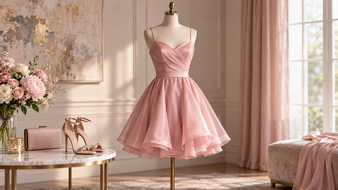 Blush pink cocktail dress on a mannequin in an elegant studio