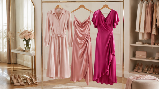Blush, rose and fuchsia dresses displayed with neutral heels and minimal jewelry