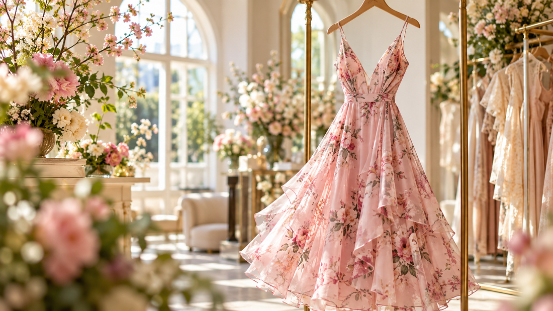 Pink floral dress displayed in a bright elegant boutique