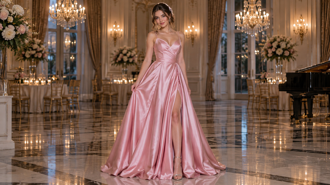 Young adult woman wearing an elegant pink satin prom dress in a ballroom