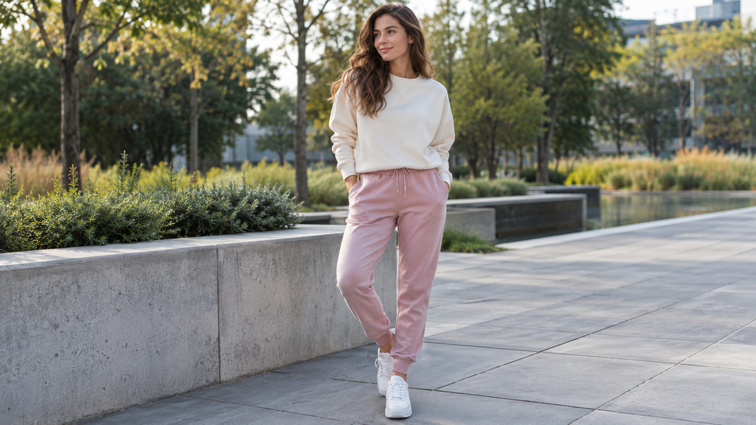 Woman wearing dusty pink sweatpants with a cream sweatshirt in an urban park