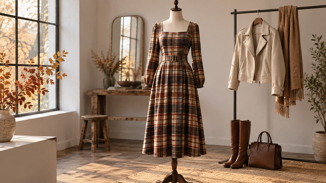 Plaid midi dress displayed with boots and a light jacket in an autumn studio