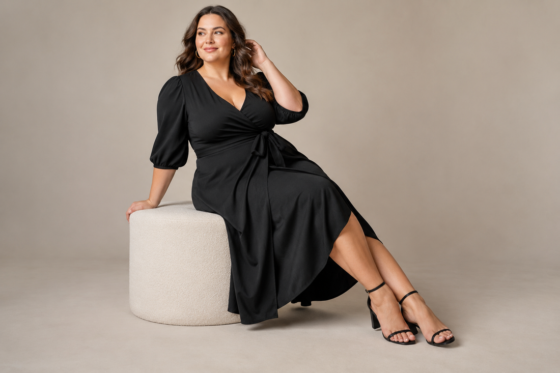 Plus-size adult woman wearing an elegant black wrap dress in a neutral studio
