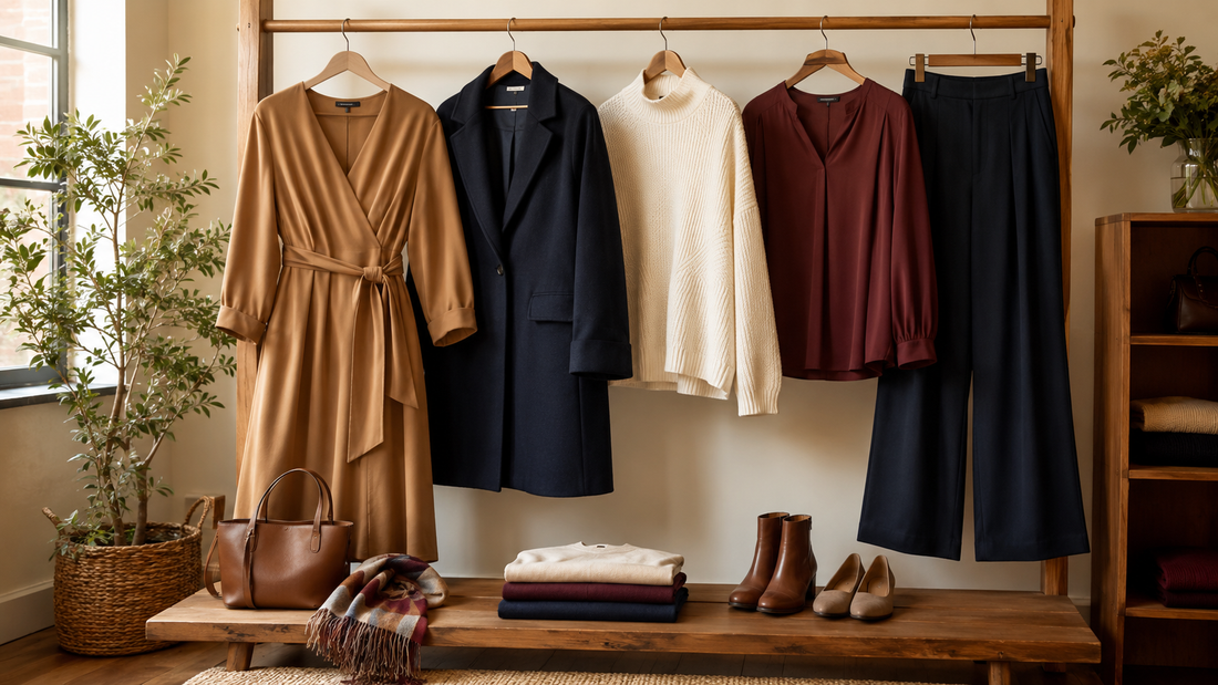 Size-inclusive capsule wardrobe with camel wrap dress, navy coat, ivory knitwear and wide-leg trousers