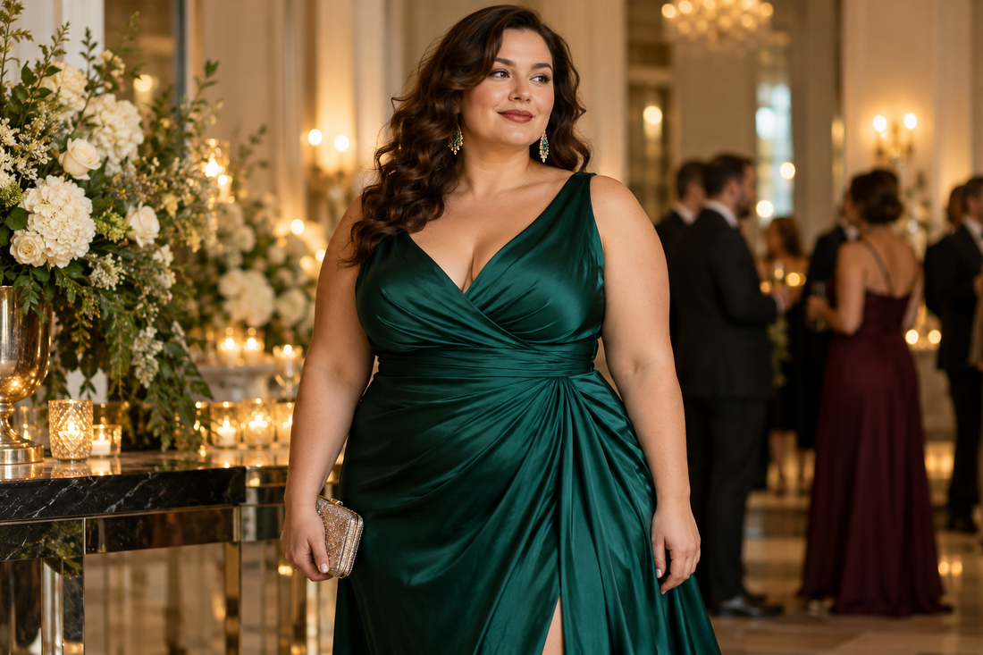 Plus-size adult woman wearing an emerald evening dress at a formal event
