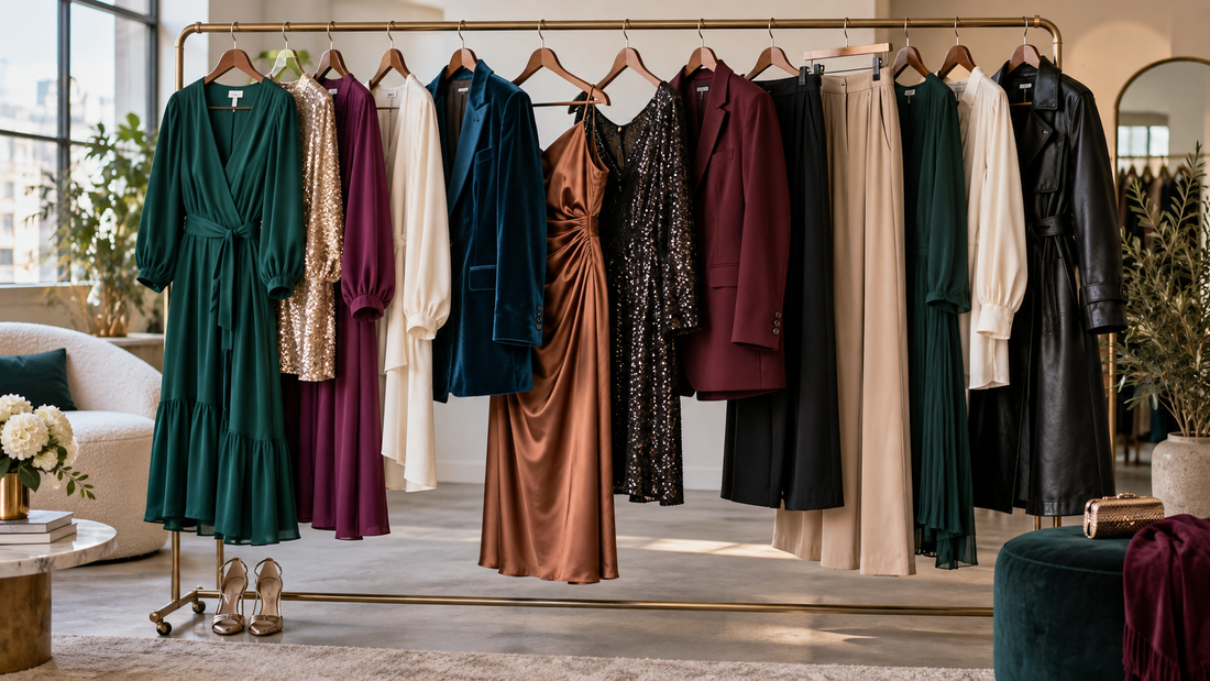 Inclusive clothing rail with coordinated plus-size outfits in jewel tones