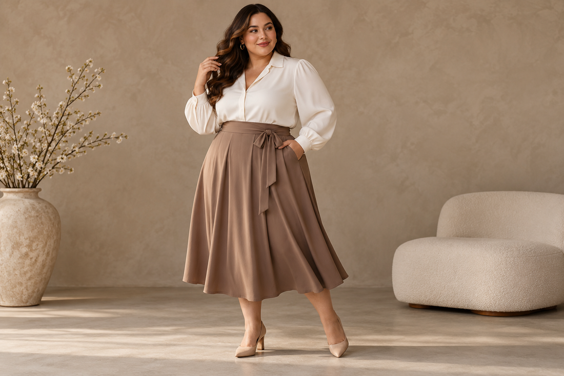 Plus-size adult woman wearing a taupe midi skirt and white blouse in a neutral studio