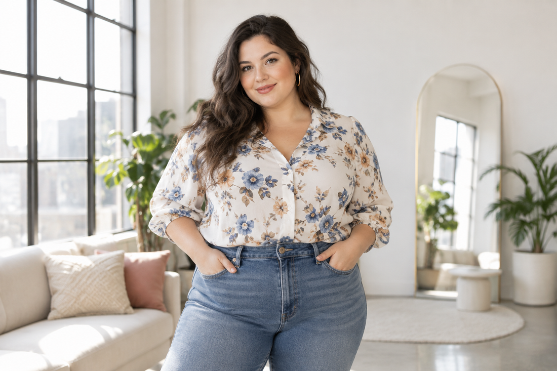 Plus-size woman wearing a beautifully fitted floral blouse in a bright studio