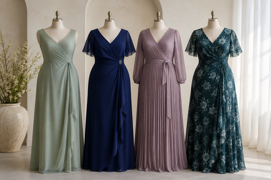 Elegant plus-size wedding guest dresses in a refined studio