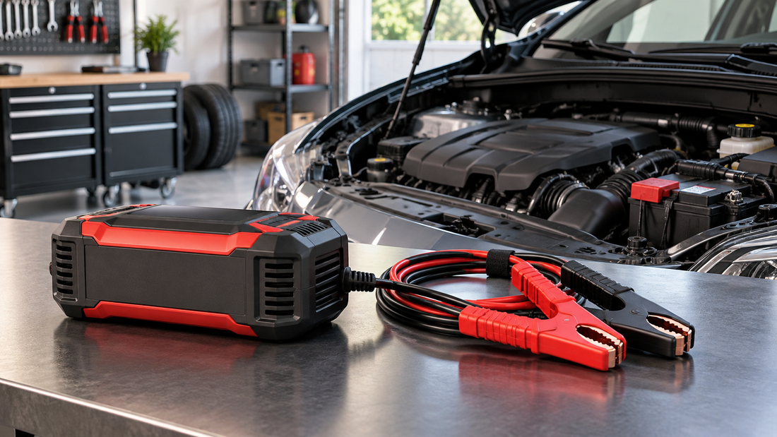 Portable car battery charger with clamps beside an open engine bay