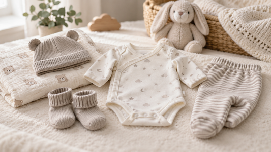 Soft neutral preemie clothes arranged in a clean nursery setting