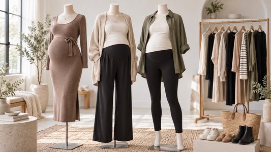 Comfortable pregnancy clothing capsule displayed in a bright studio