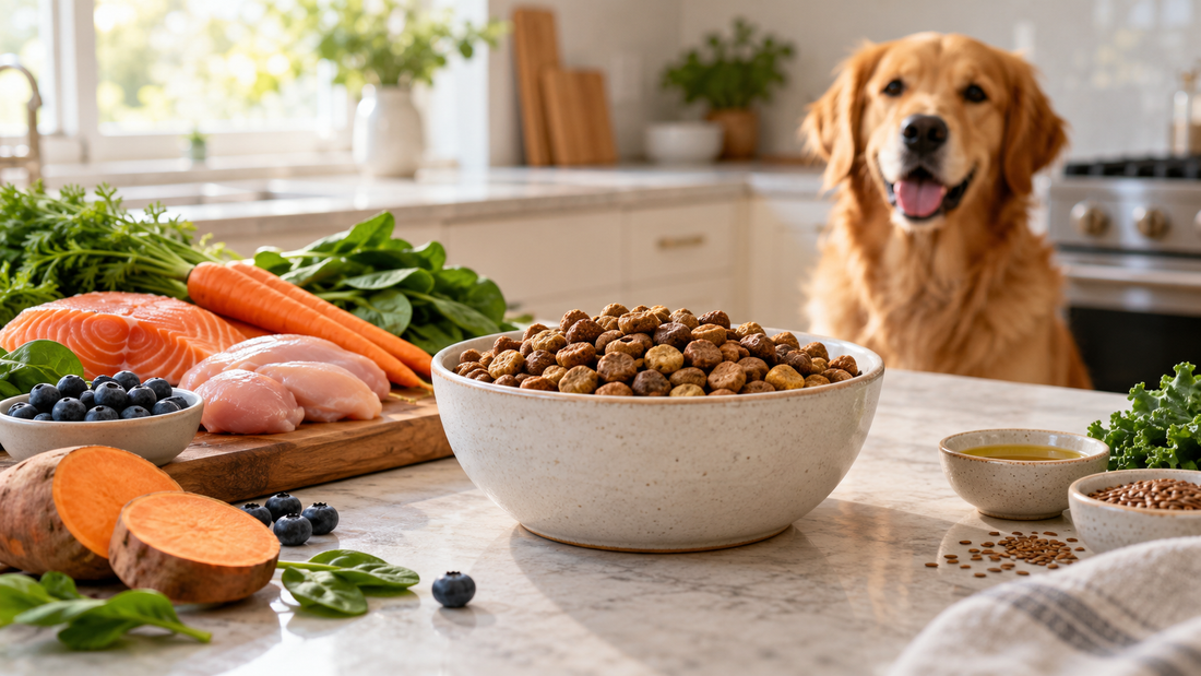 Premium dog food bowl with wholesome ingredients in a bright home kitchen