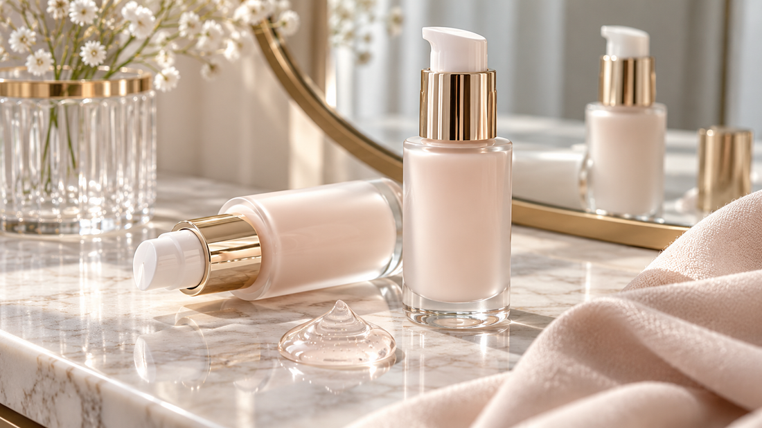 Unbranded makeup primer bottles and translucent gel on a clean vanity