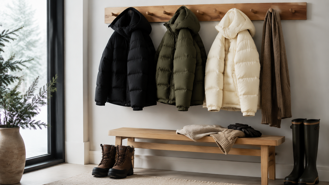 Black, olive and cream puffer jackets displayed with a knit scarf and weatherproof boots