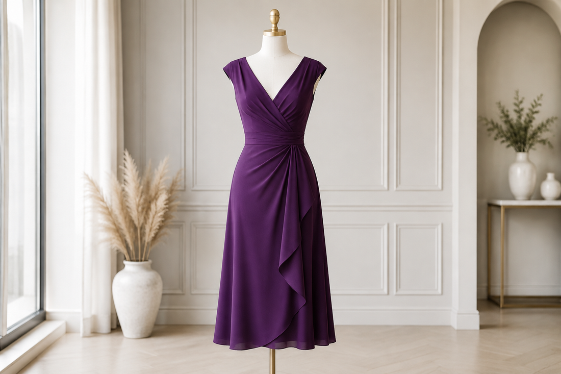 Elegant purple dress displayed in a bright upscale studio