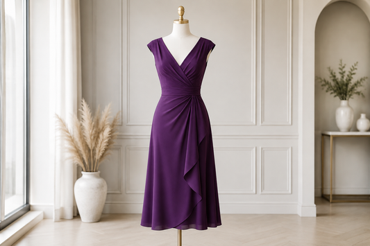 Elegant purple dress displayed in a bright upscale studio