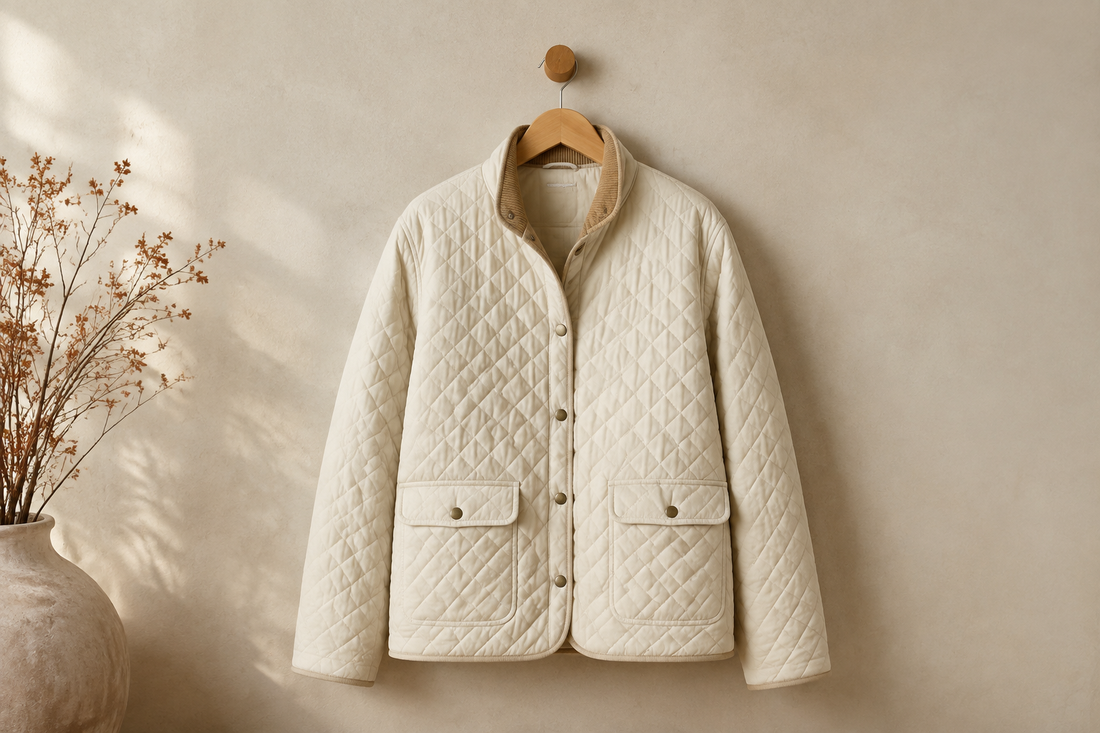 Elegant quilted jacket displayed in a warm neutral studio