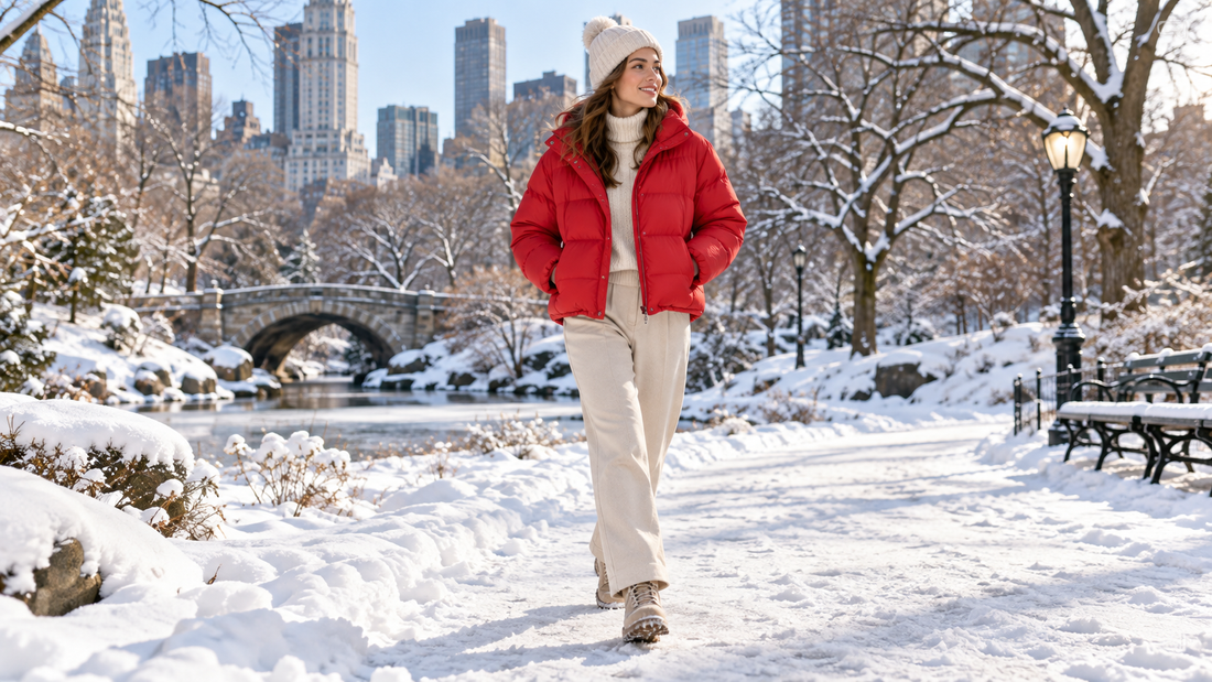 Adult model wearing a vivid red puffer jacket in a snowy urban park