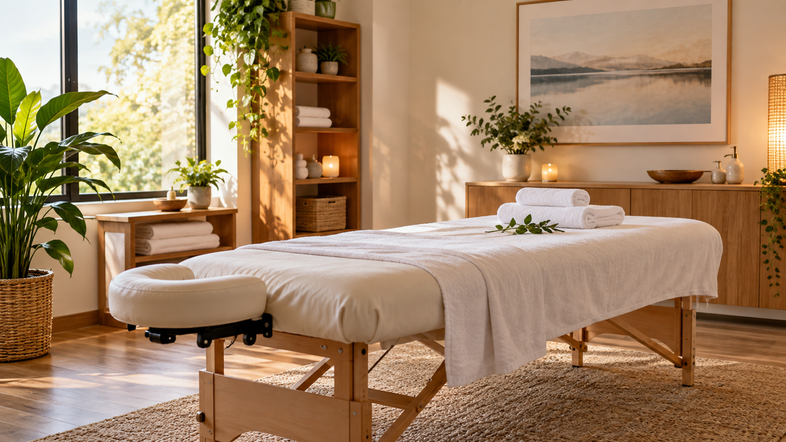 Calm professional registered massage therapy treatment room with clean towels
