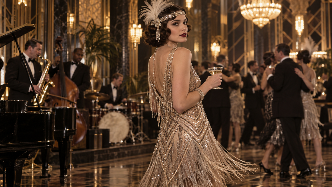 Woman wearing a beaded 1920s-inspired evening dress in an Art Deco ballroom