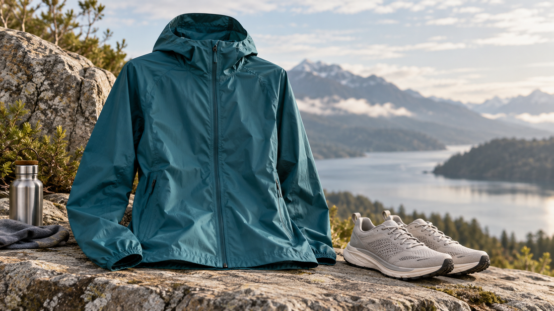 Teal running jacket displayed outdoors with mountain scenery