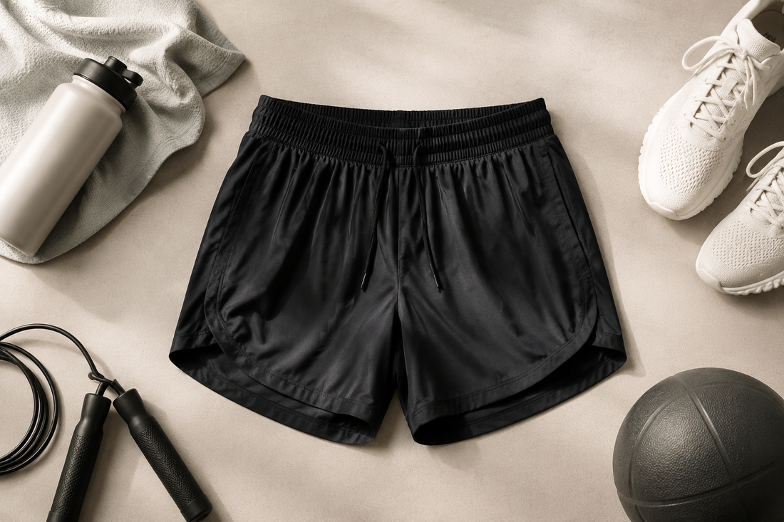 Premium running shorts in a clean activewear flat lay