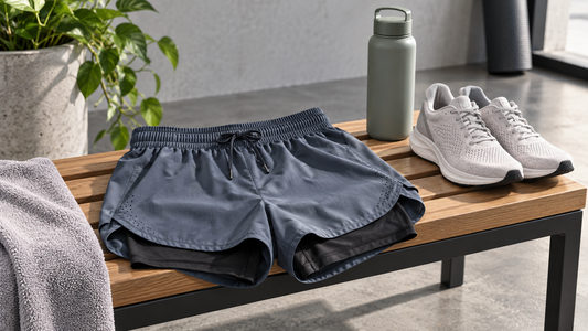 Women's gray running shorts arranged with shoes and a water bottle