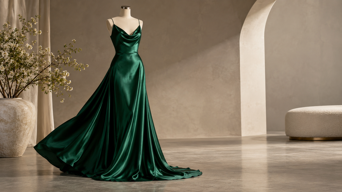 Emerald satin maxi dress displayed in a softly lit minimalist studio