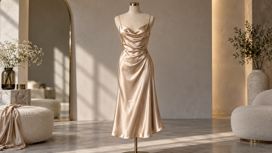 Champagne satin midi dress displayed in a refined neutral studio