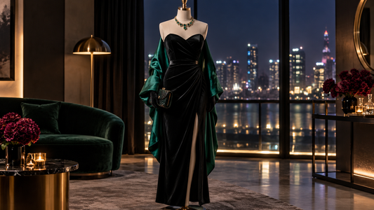 Sophisticated black going-out outfit displayed in an elegant evening studio