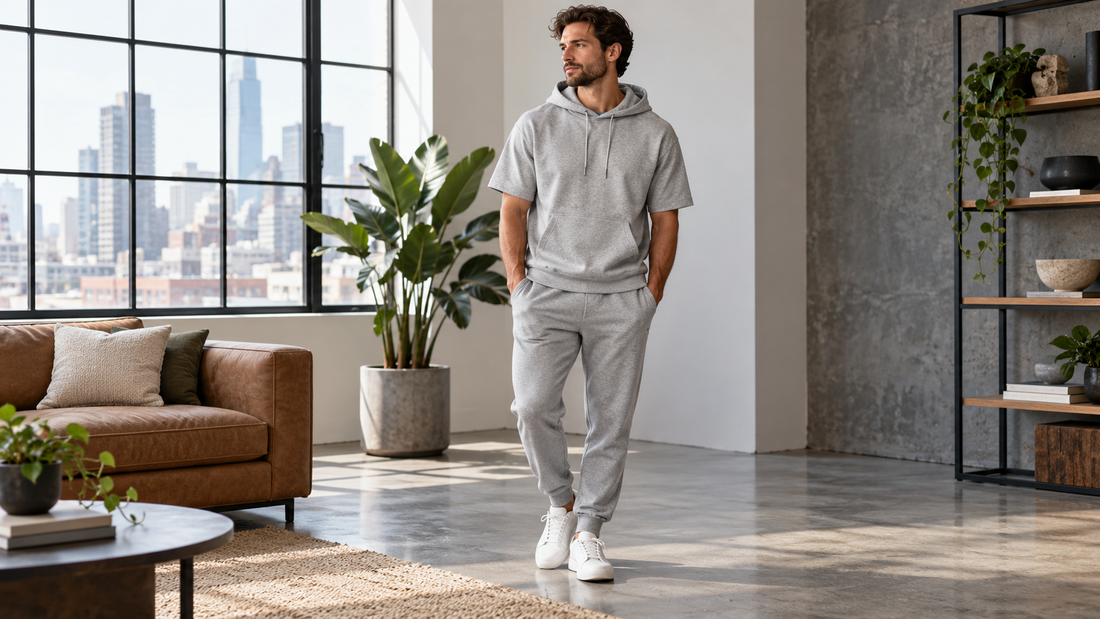 Adult model wearing a gray short-sleeve hoodie with joggers