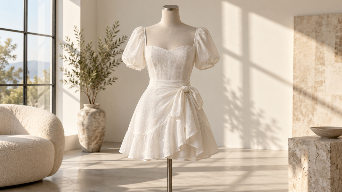 Short white dress displayed in a softly lit neutral studio