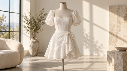 Short white dress displayed in a softly lit neutral studio