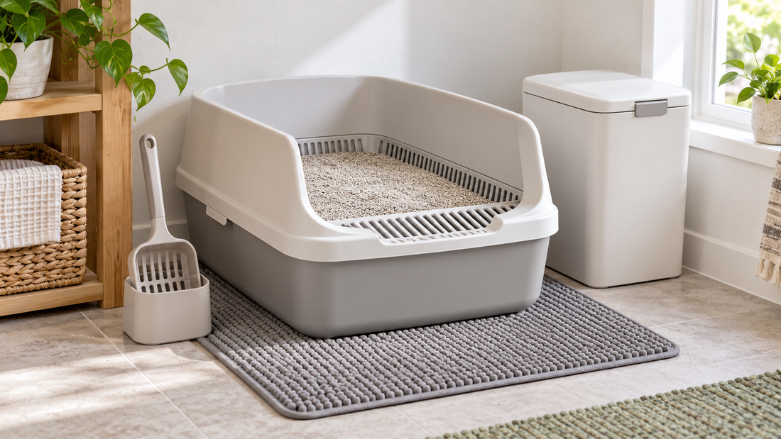Clean two-layer sifting litter box with scoop and sealed waste container
