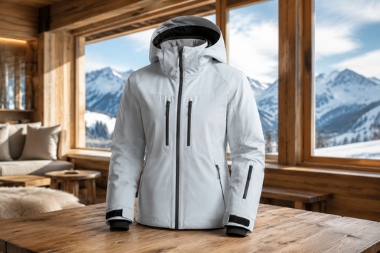 Technical ski jacket in a bright alpine lodge setting