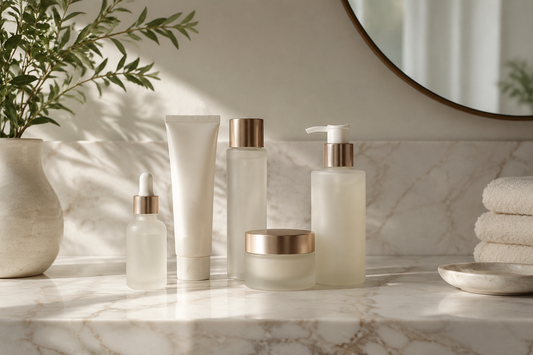 Minimal skin care products arranged on a clean stone vanity