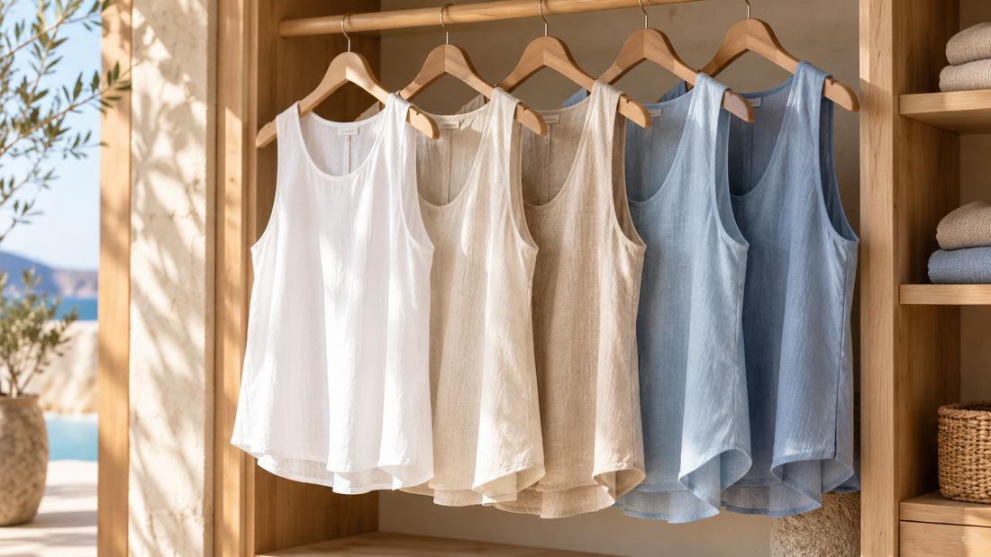 White beige and blue sleeveless shirts hanging in a sunlit wardrobe
