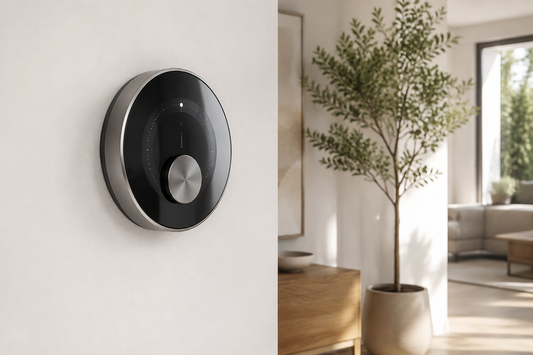 Sleek smart thermostat installed in a minimalist home interior