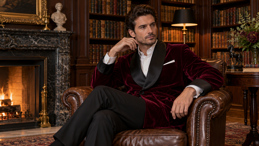 Adult man wearing an unbranded burgundy velvet smoking jacket in an elegant interior with no tobacco present