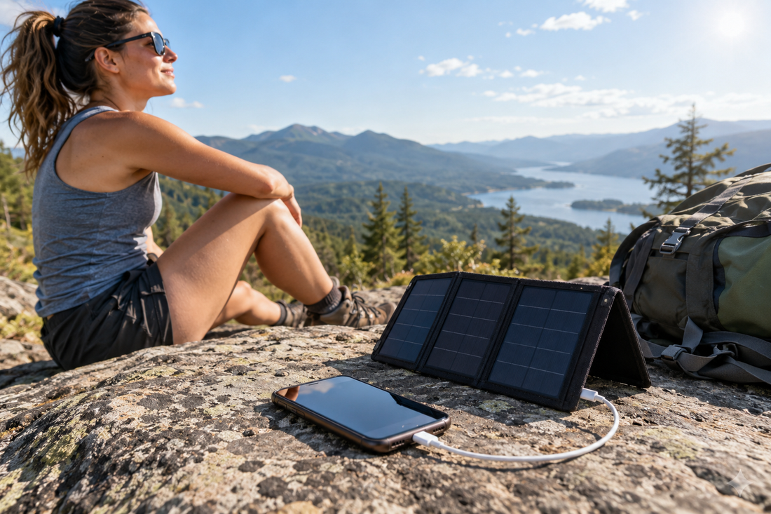 Solar phone charger powering a smartphone during an outdoor hiking break