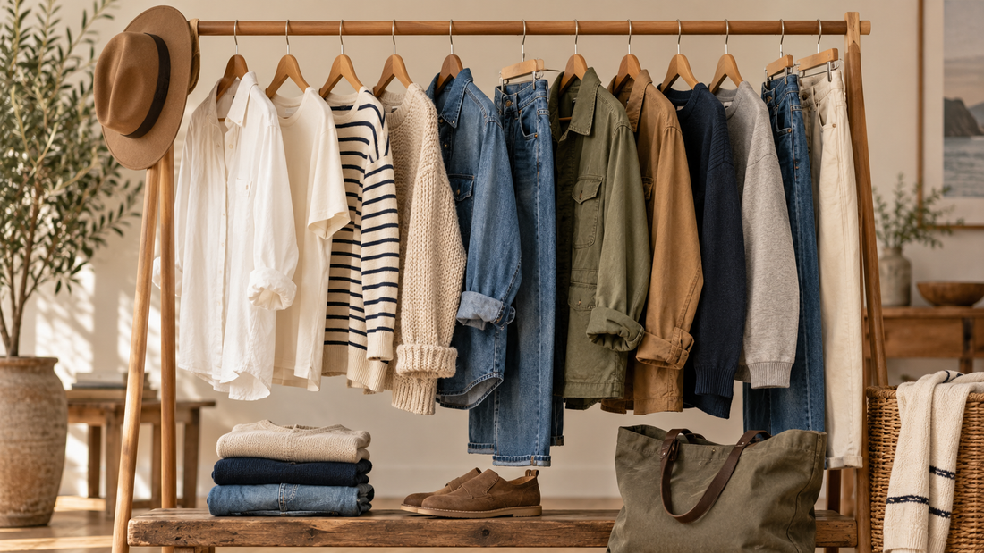 Relaxed unbranded clothing capsule with denim, knitwear and utility layers